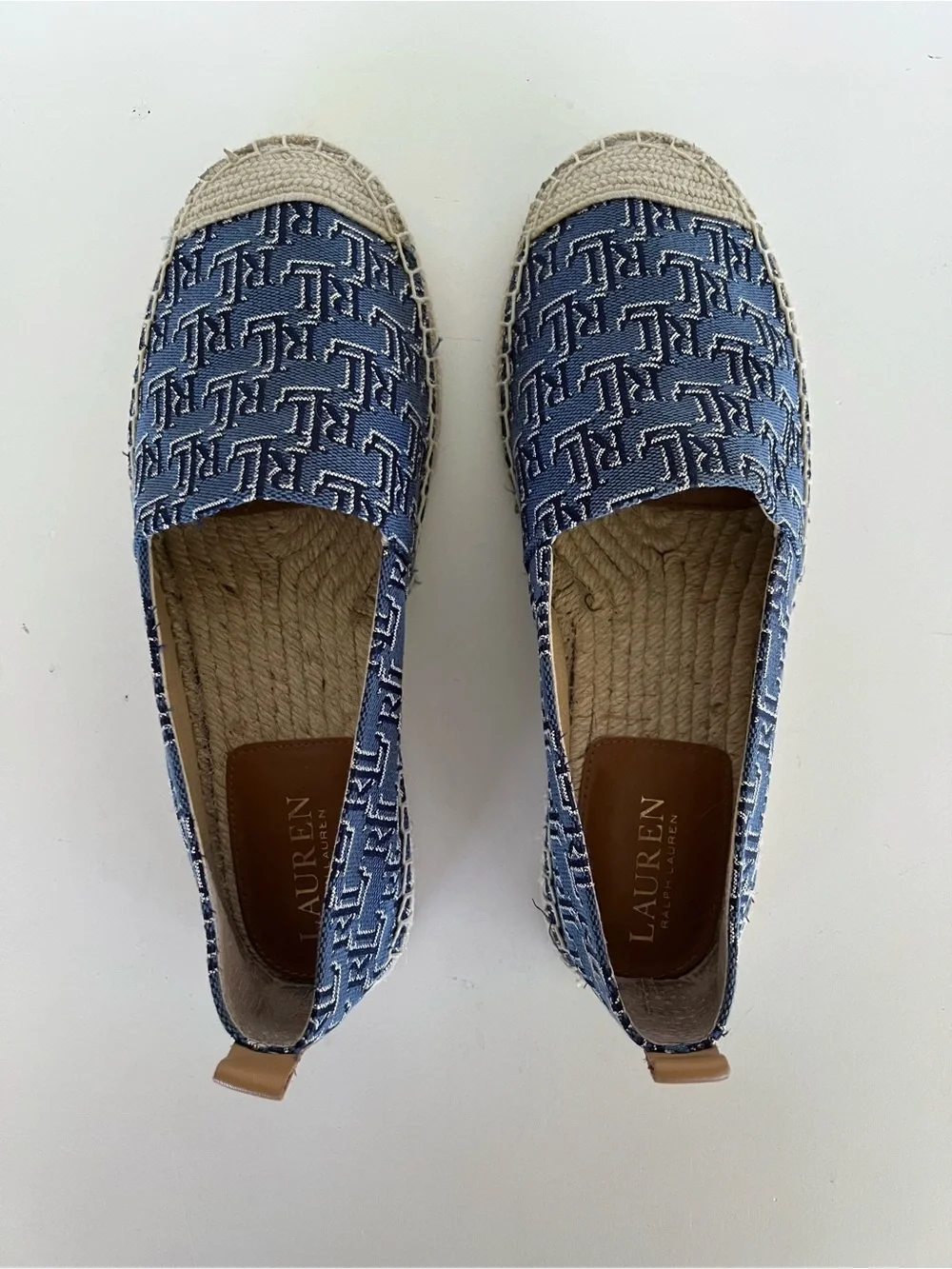 Ralph Lauren LRL Cameryn II Monogram Jacquard Espadrille, Blue/Tan, size 8